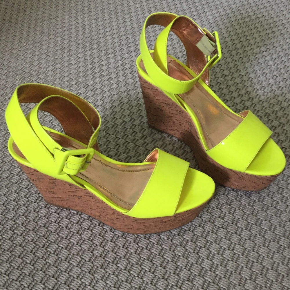 BCBGeneration neon yellow cork wedges
